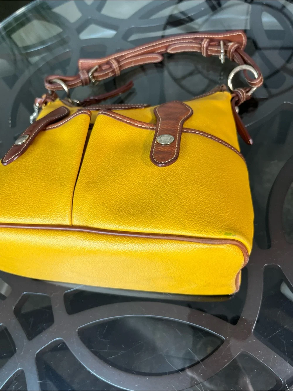 Y2K Dooney & Bourke Hobo Bag Pebble Grain Lucy Mustard Leather Brown Yellow